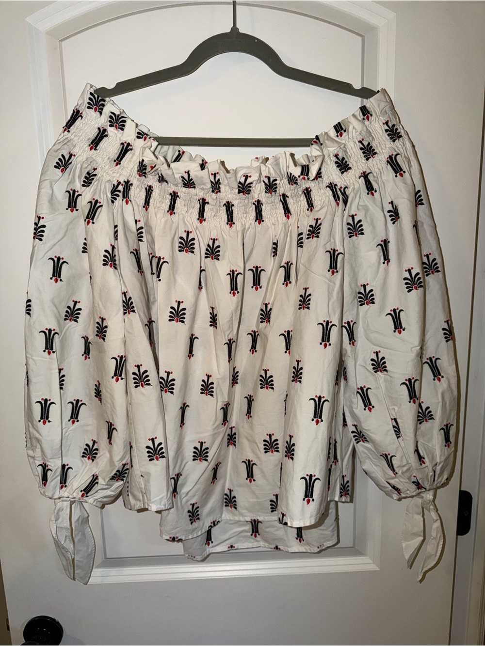 Caroline Constas White Off-Shoulder Blouse with Black & Red Motif
